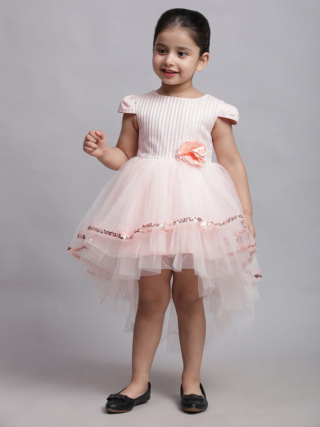 

Toy Balloon kids Striped Applique Net Fit & Flare Dress, Peach