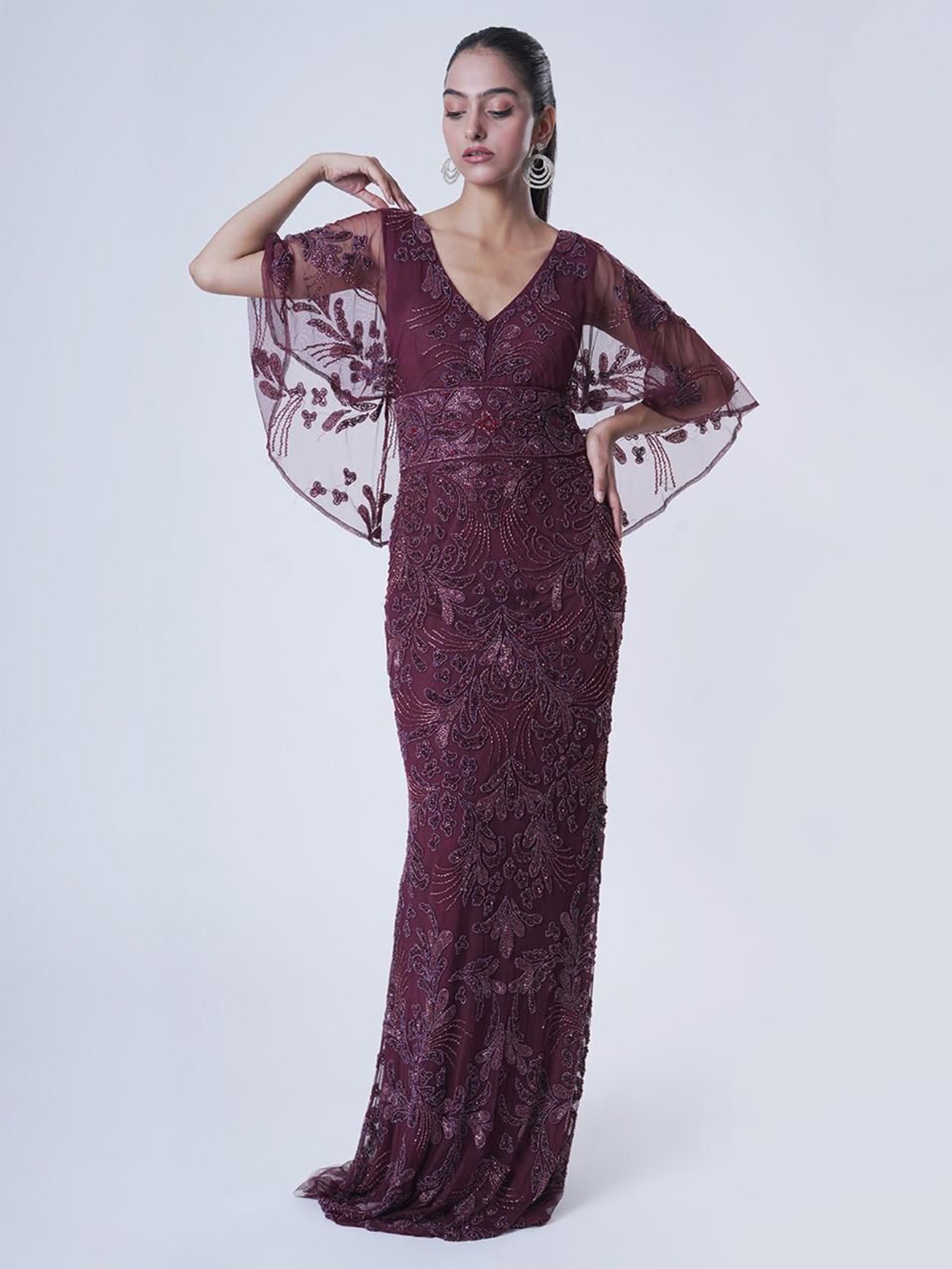 

UPGRADE Embellished Cape Sleeve Net Maxi Dress, Maroon