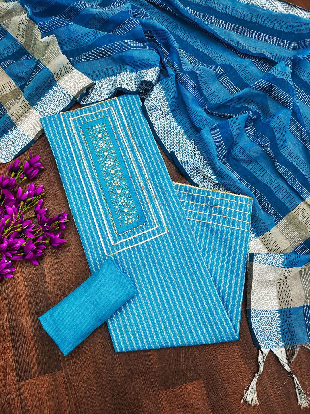 

APNISHA Striped Beads and Stones Unstitched Dress Material, Turquoise blue