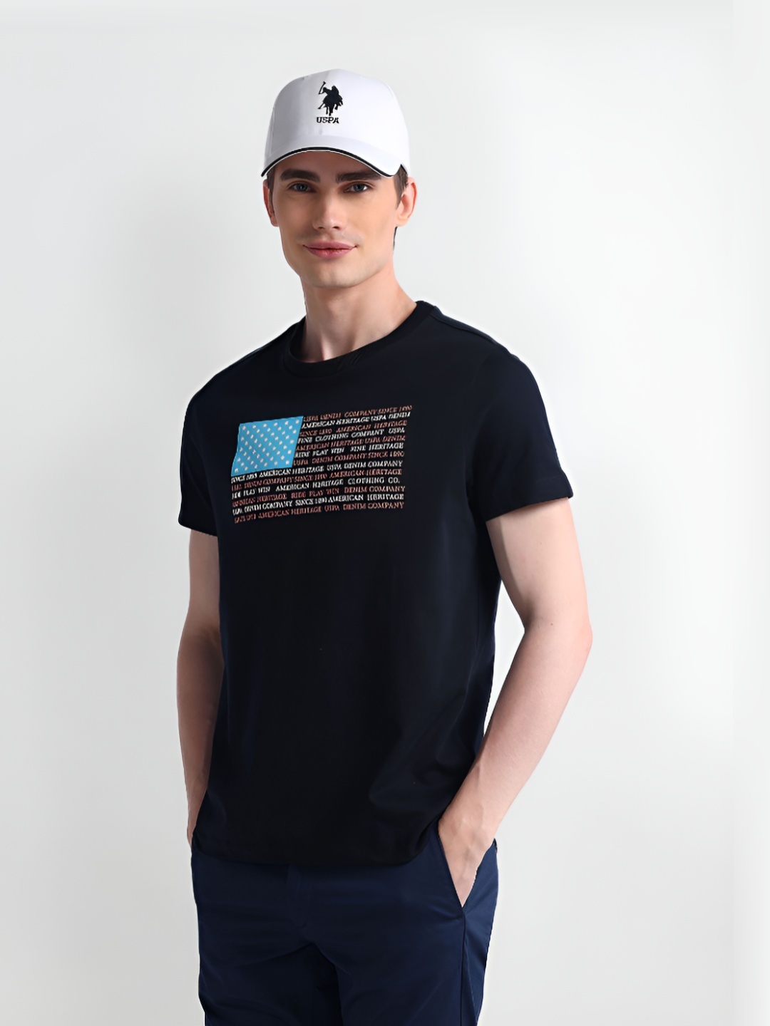 

U.S. Polo Assn. Men Typography Printed Round Neck Cotton Slim Fit T-Shirt, Blue