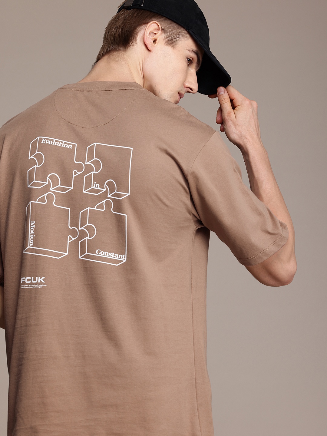 

FCUK Printed Drop-Shoulder Sleeves Pure Cotton Oversized T-shirt, Brown