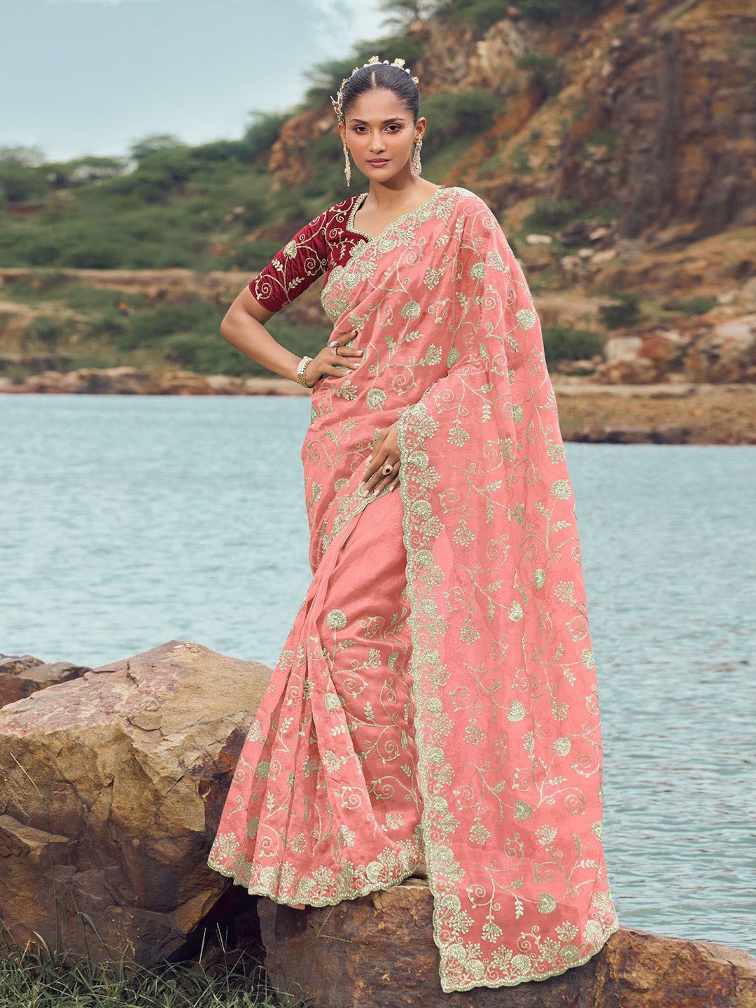 

ODETTE Floral Embroidered Beads and Stones Organza Saree, Peach