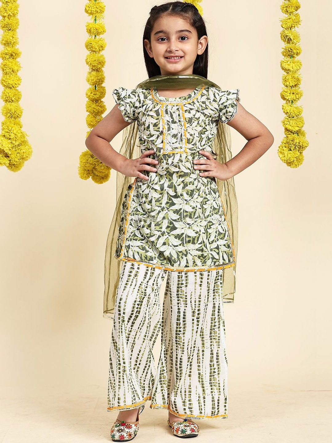 

Cutiekins Girls Floral Printed Empire Gotta Patti Kurti With Palazzos & Dupatta, Olive