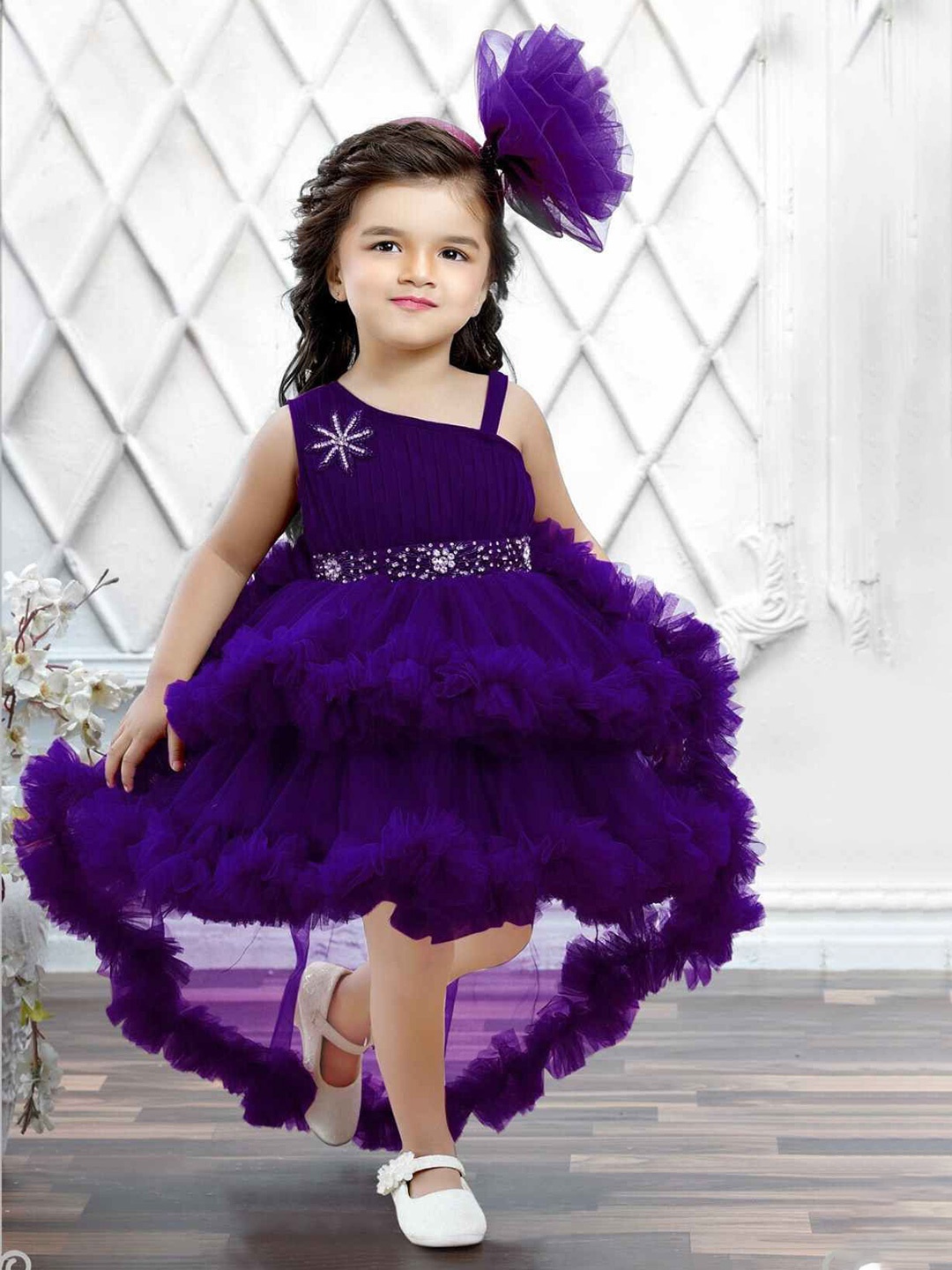 

Lagorii Girls One Shoulder Ruffled Net Fit & Flare Dress, Violet