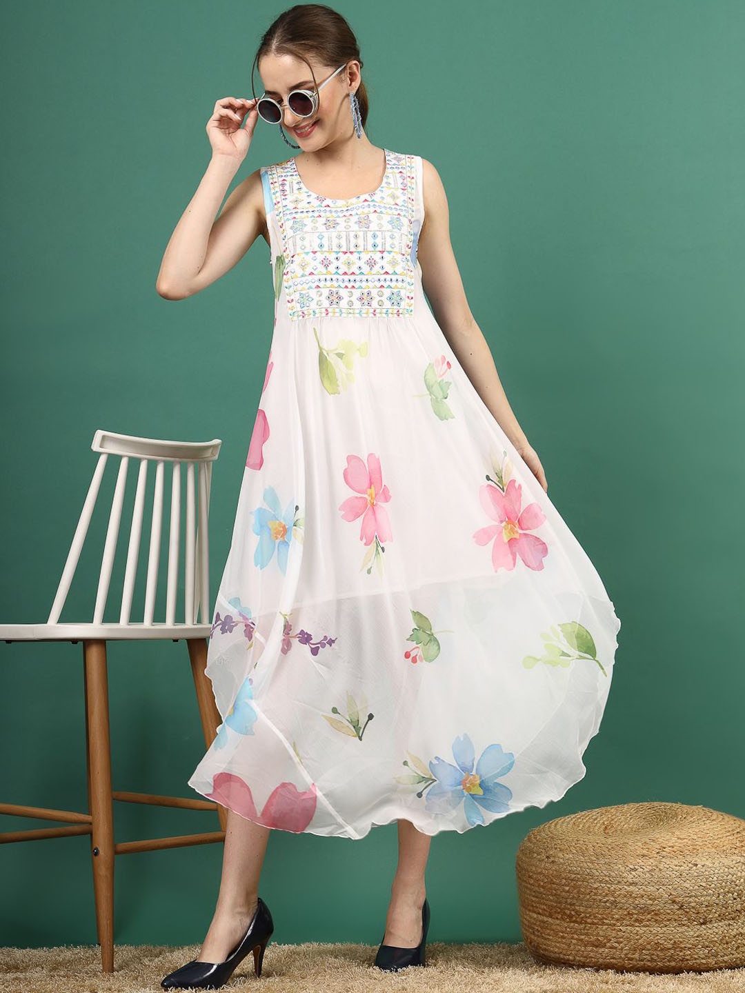 

Ramas Floral Printed Embroidered Fit & Flare Midi Dress, White