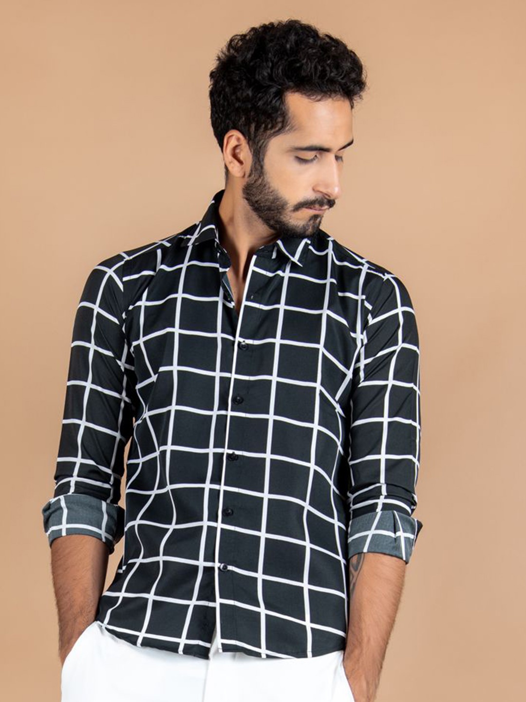 

Tistabene Men Standard Spread Collar Windowpane Checked Crepe Casual Shirt, Black