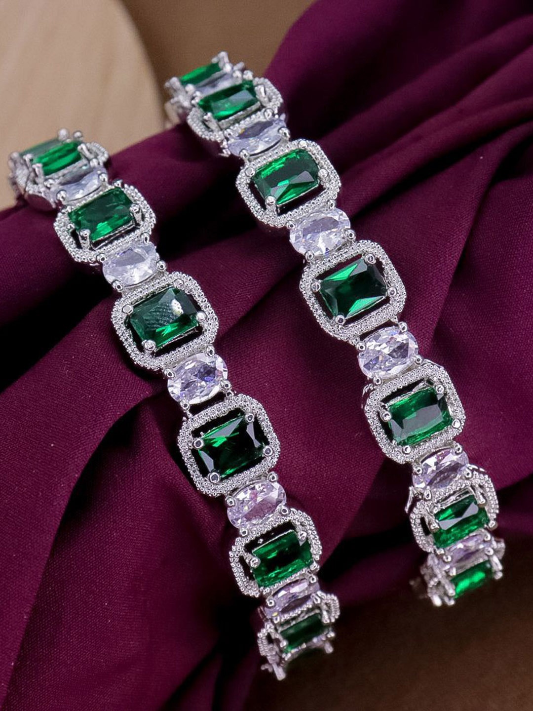

The Pari Set Of 2 Rhodium-Plated American Diamond Stone-Studded Bangles, Silver