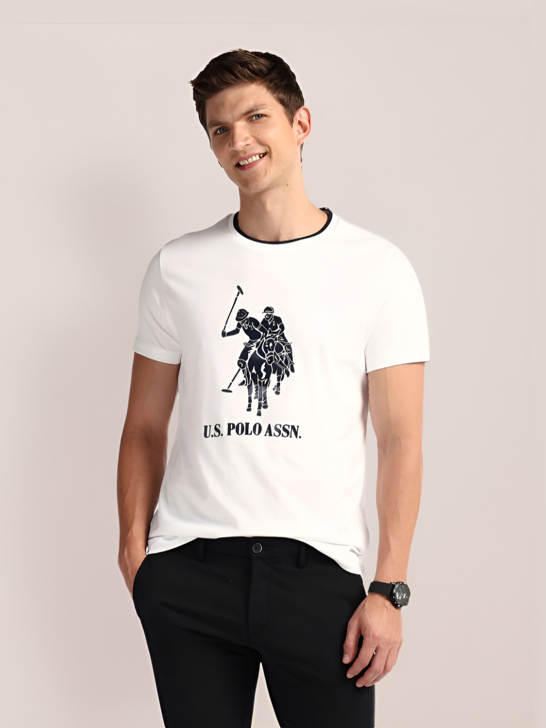 

U.S. Polo Assn. Men Graphic Printed Round Neck Cotton Slim Fit T-Shirt, White