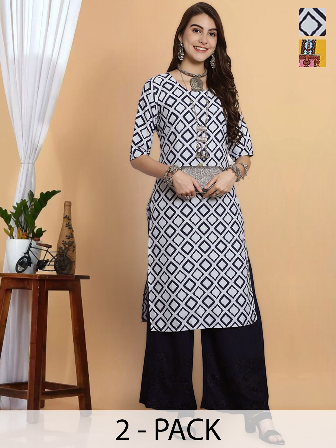 

7Threads Selection Of 2 Geometric Printed Round Neck Crepe Straight Kurta, White