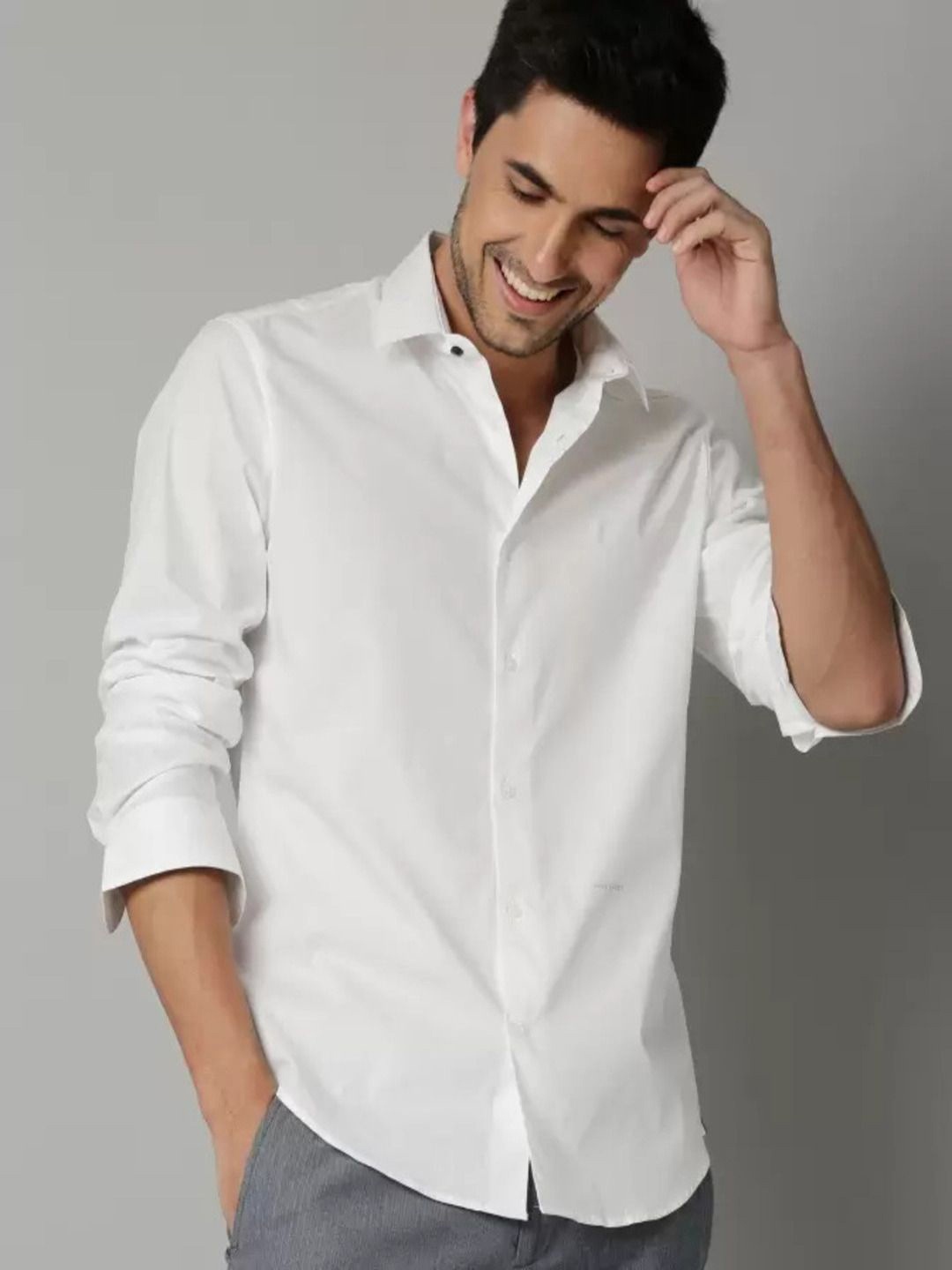 

Vcom Men Classic Spread Collar Solid Cotton Slim Fit Casual Shirt, White