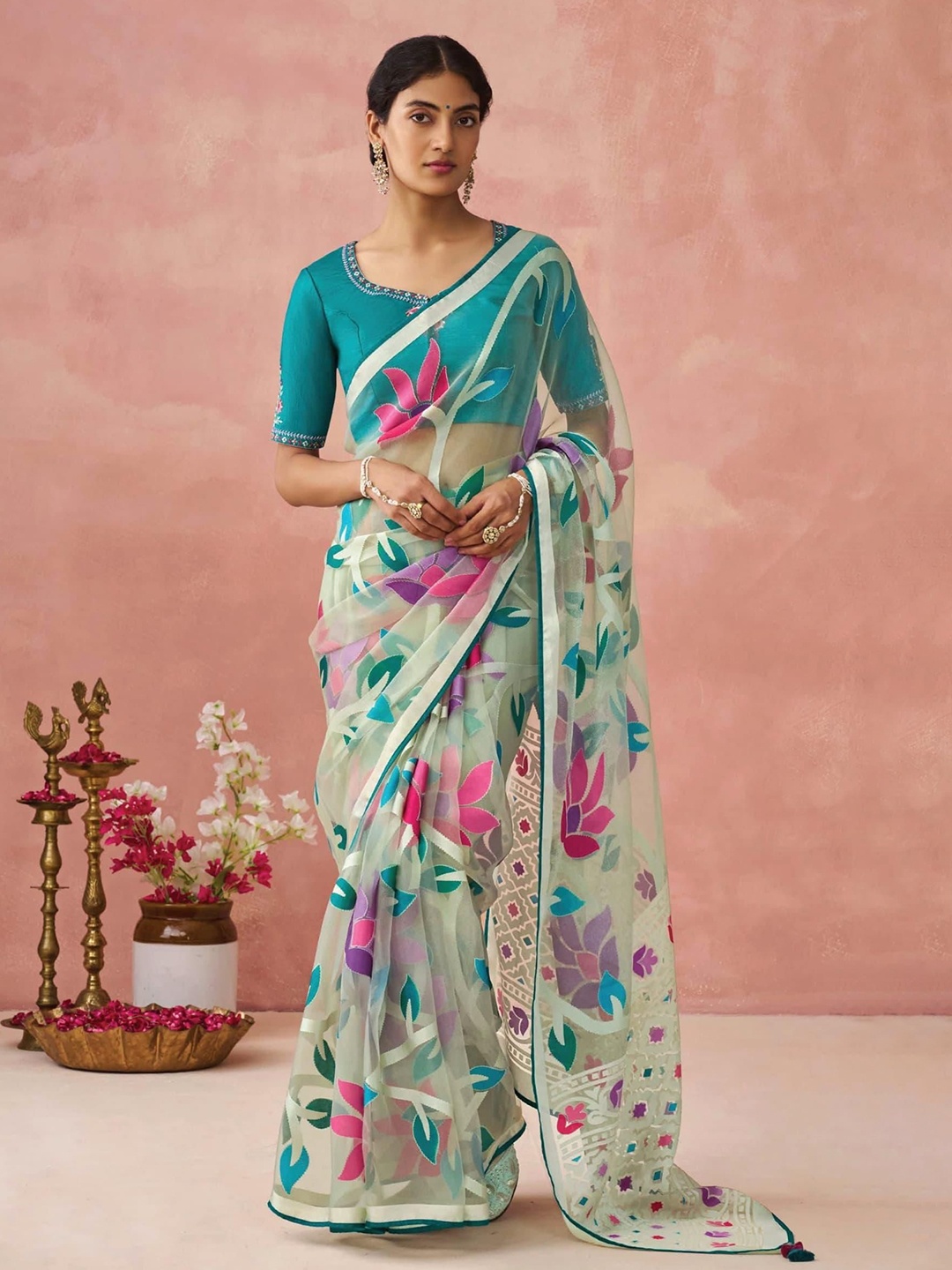 

KALINDI Floral Organza Tussar Saree, Beige