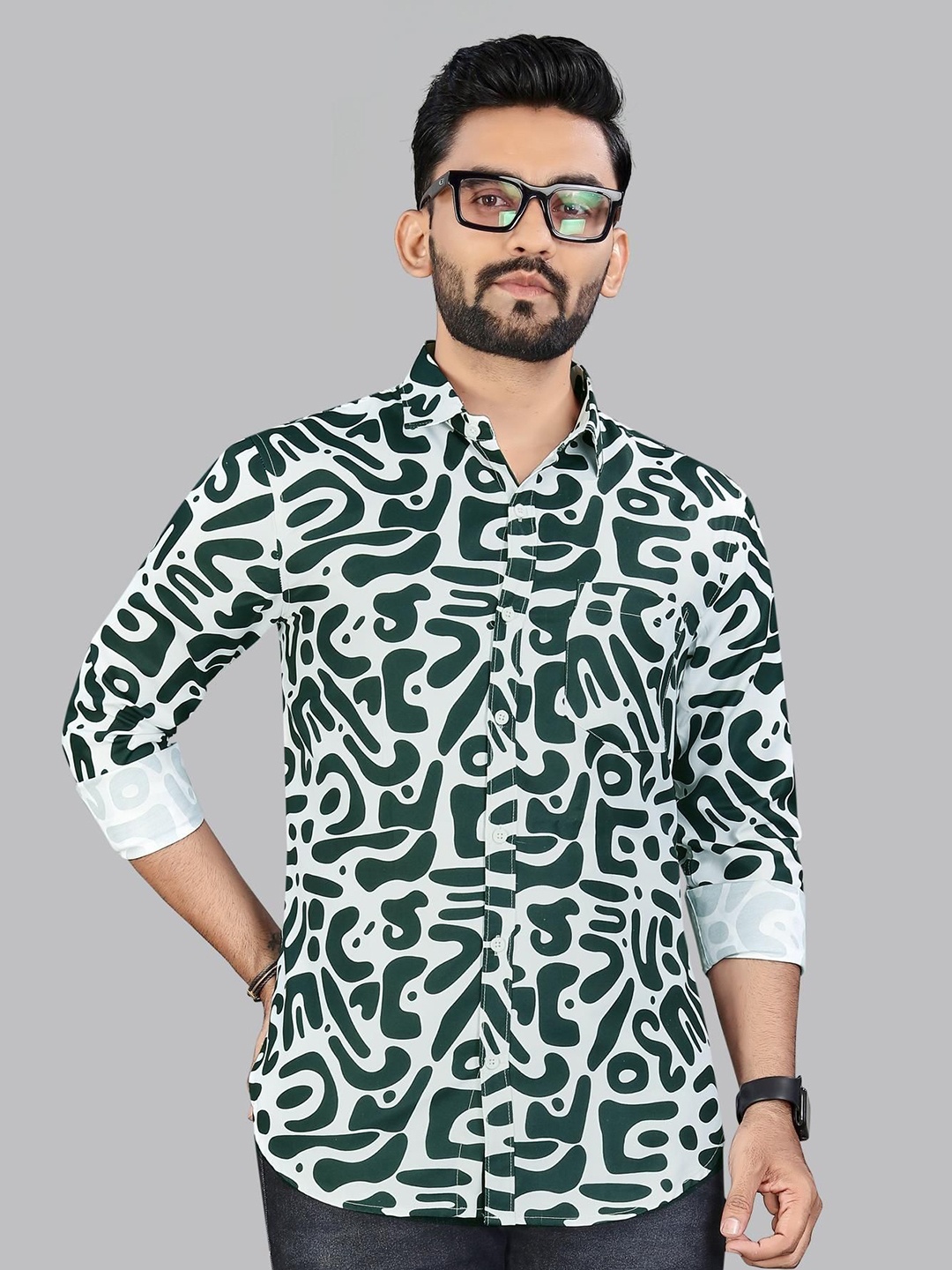 

ADWYN PETER Men Classic Spread Collar Abstract Printed Cotton Casual Shirt, White