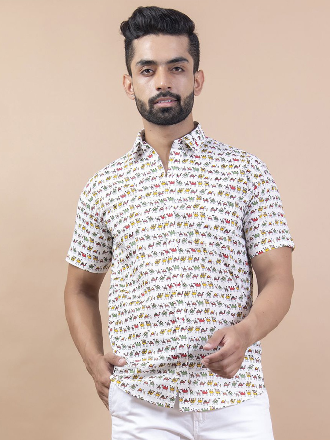 

Tistabene Men Standard Spread Collar Conversational Printed Cotton Casual Shirt, White
