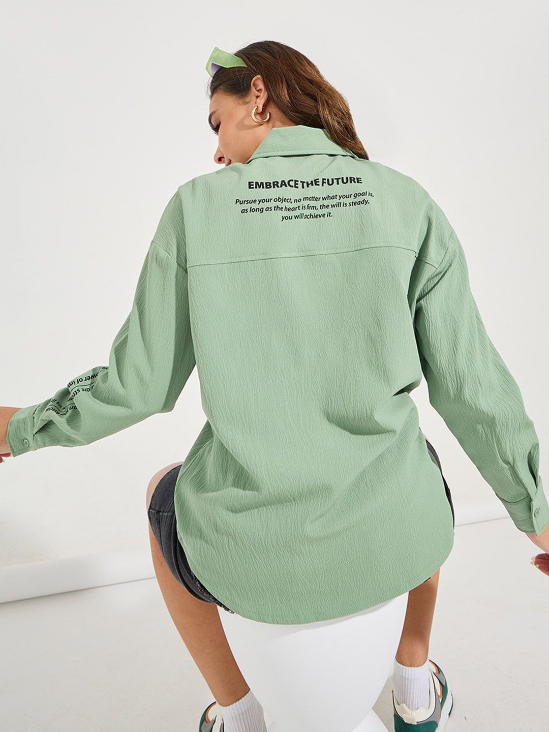 

Women Oversized Back Slogan Print Zip Up Shirt, Green