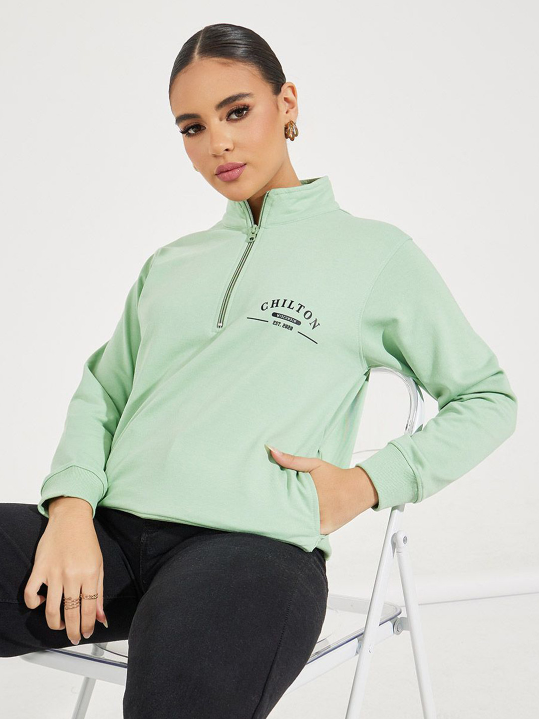 

Women Regular Length Regular Fit- Half Zipper Sweatshirt, Green