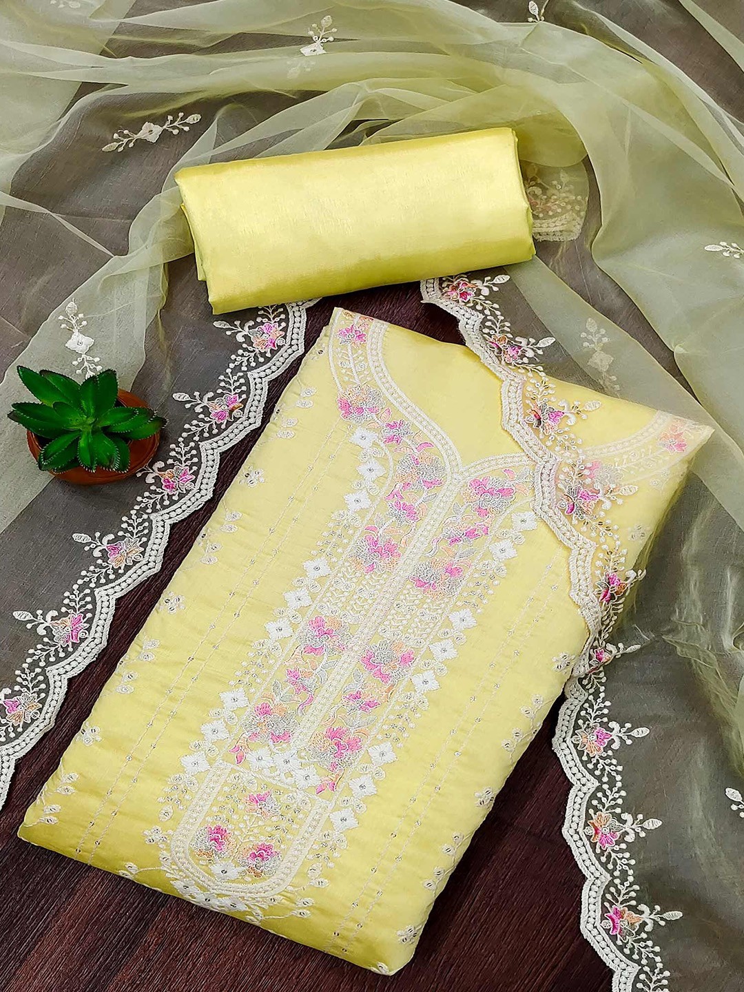 

Peachmode Thread Work Pure Cotton Unstitched Dress Material, Yellow