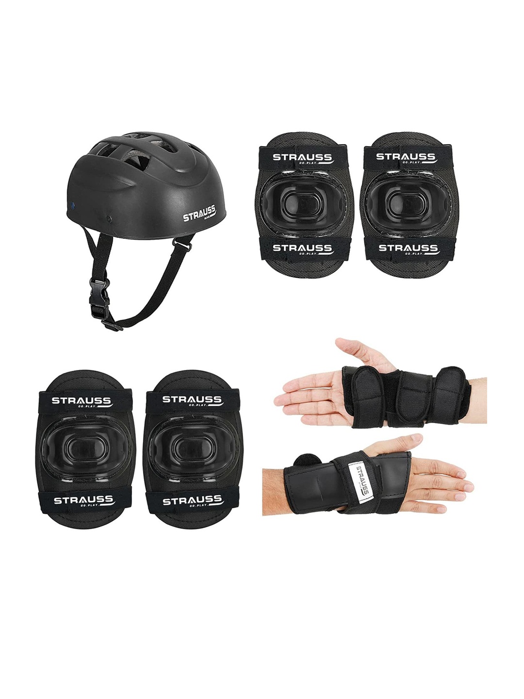 

STRAUSS 4-Pcs Helmet Knee Pads Elbow Pads & Wrist Guard Sports Accessories, Black