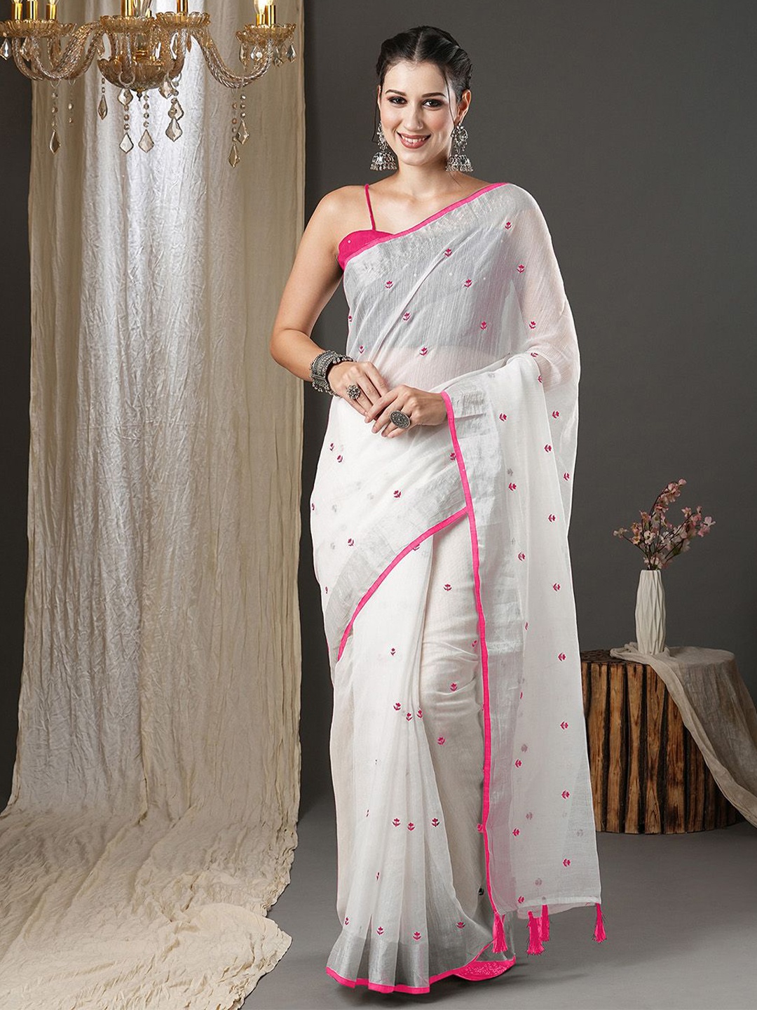 

KALINI Embroidered Saree With Blouse Piece, White