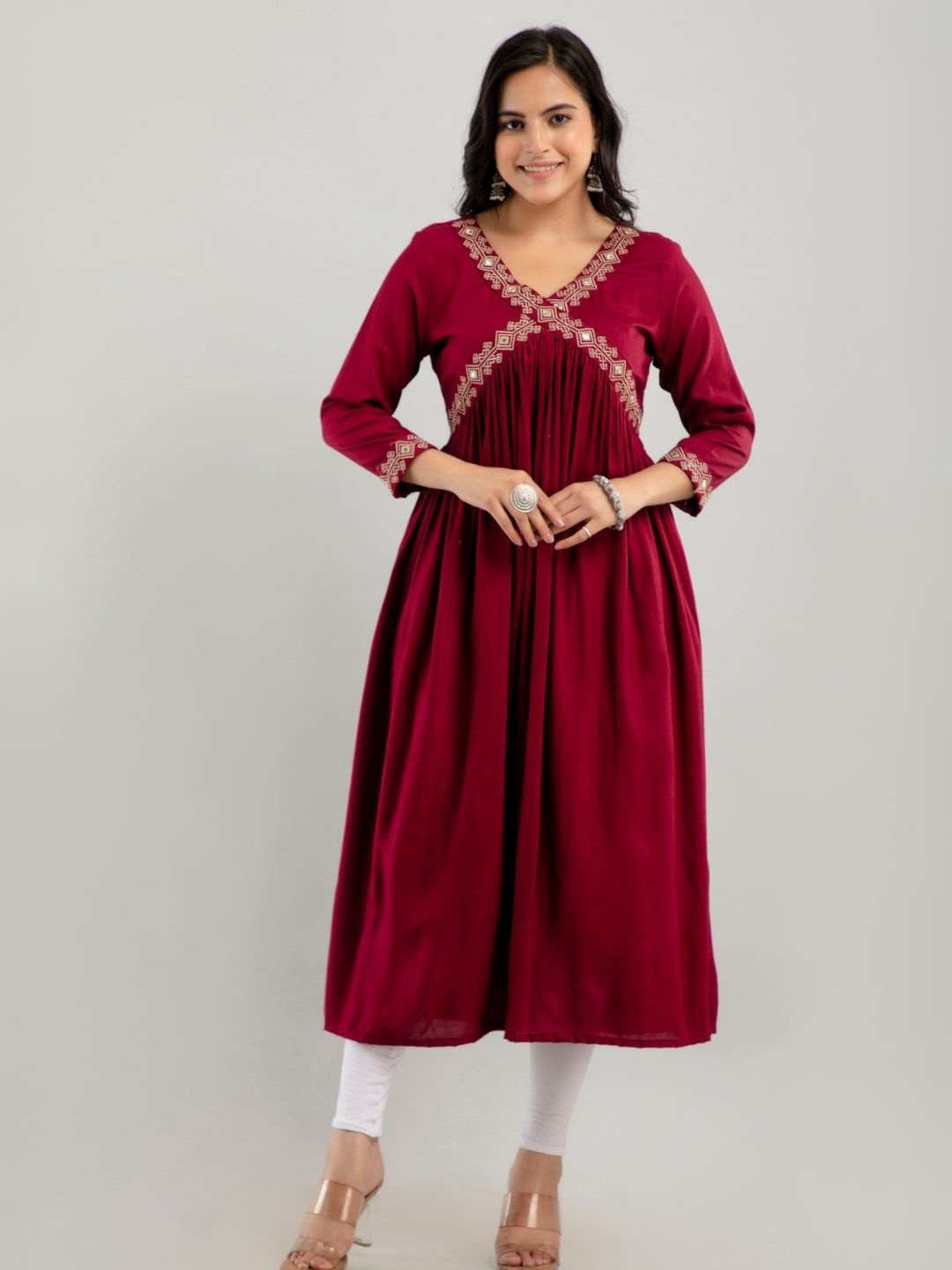 

Jaipurite Yoke Design Mirror Work Kurta, Maroon