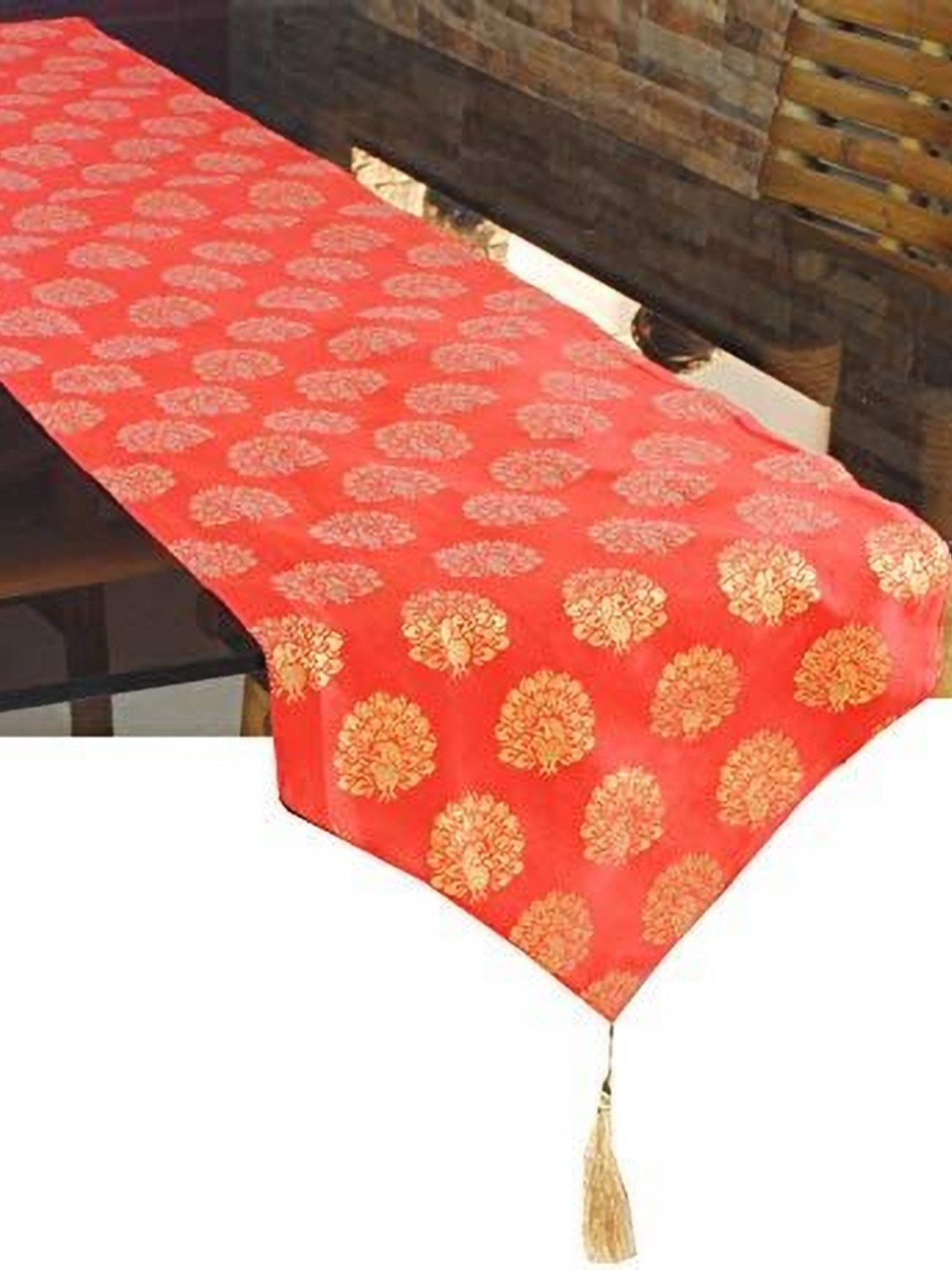 

Pink Parrot Red & Gold Toned Ethnic Motifs Printed Table Runner