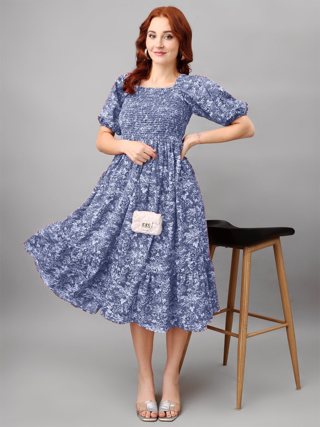 

Femvy Floral Printed Puff Sleeve Fit and Flare Midi Dress, Blue