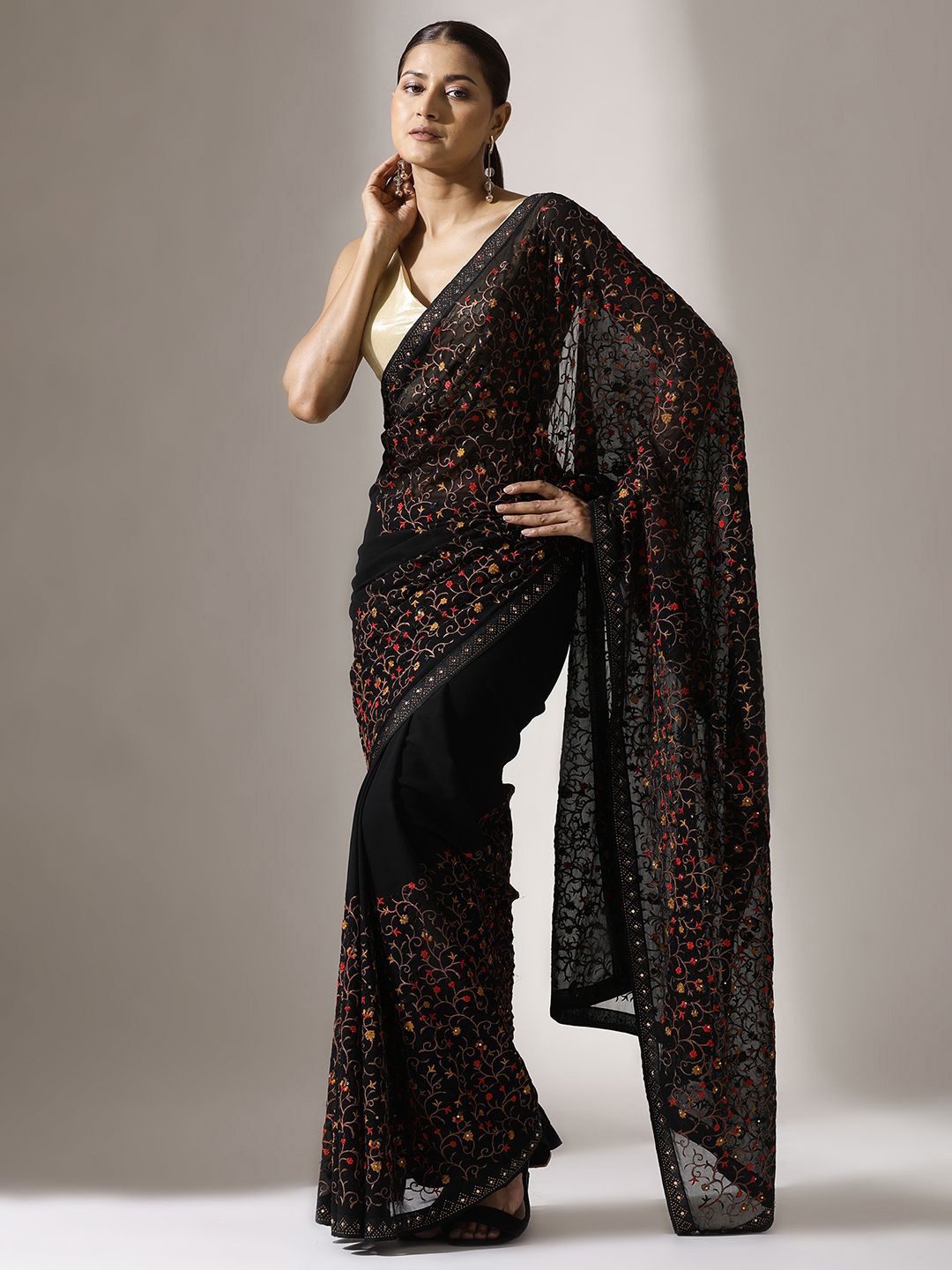 

Qahal Embellished Embroidered Pure Georgette Saree, Black