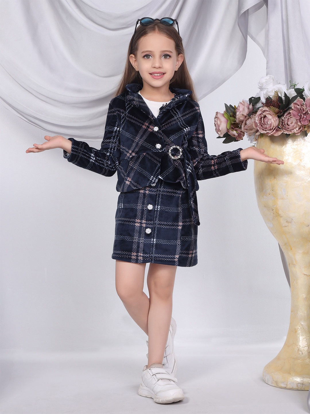 

Peppermint Girls Checked Shirt Collar Velvet Coat with Skirt, Navy blue