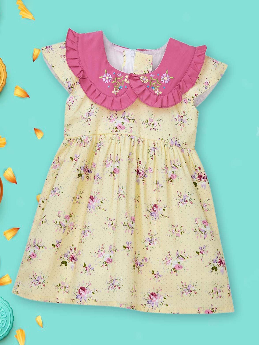 

Babywish Girls Floral Printed Pure Cotton A-Line Dress, Yellow