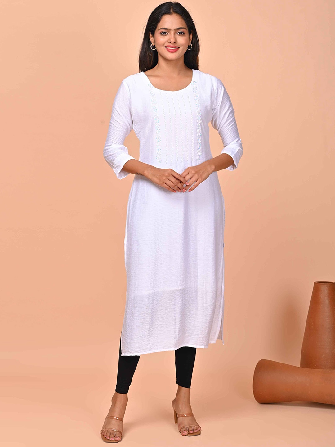 

GOLDSTROMS Women Flared Sleeves Thread Work Kurta, White