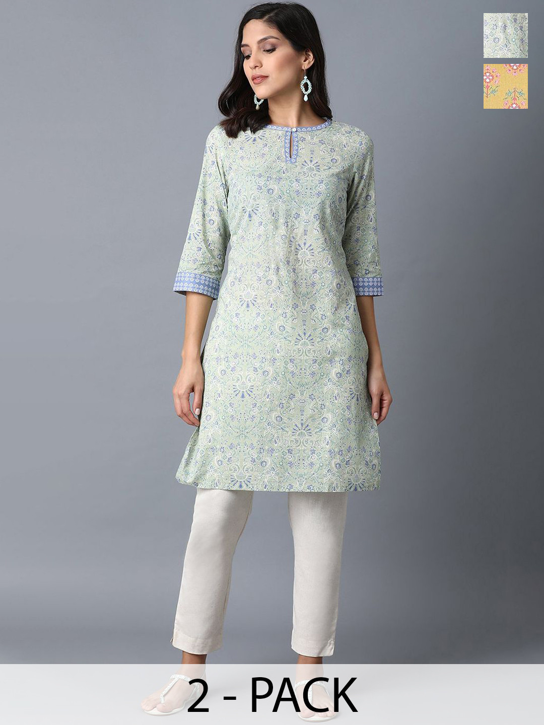 

W Selection of 2 Printed Keyhole Neck Straight Kurtas, Yellow