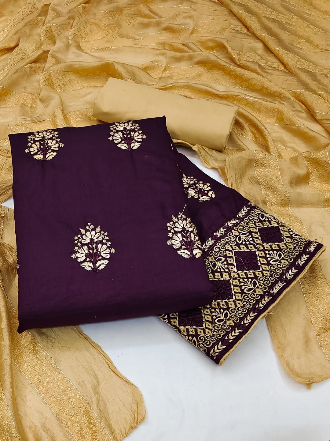 

JULEE Ethnic Motifs Embroidered Unstitched Dress Material, Purple