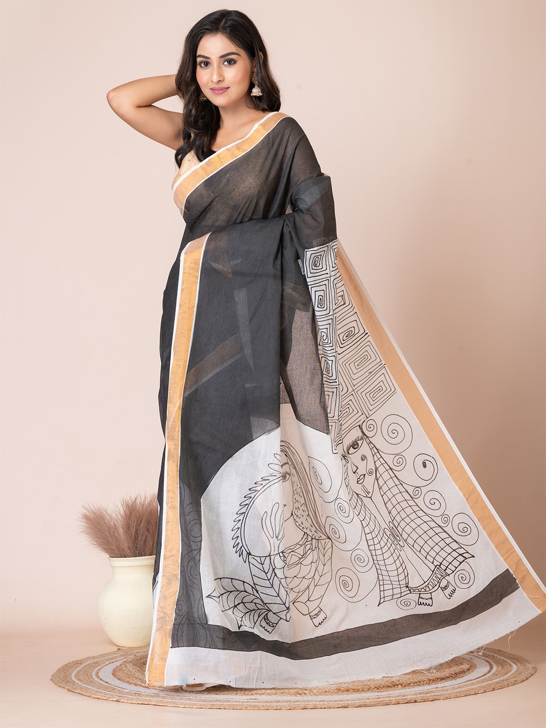 

Laa Calcutta Printed Pure Cotton Saree, Black