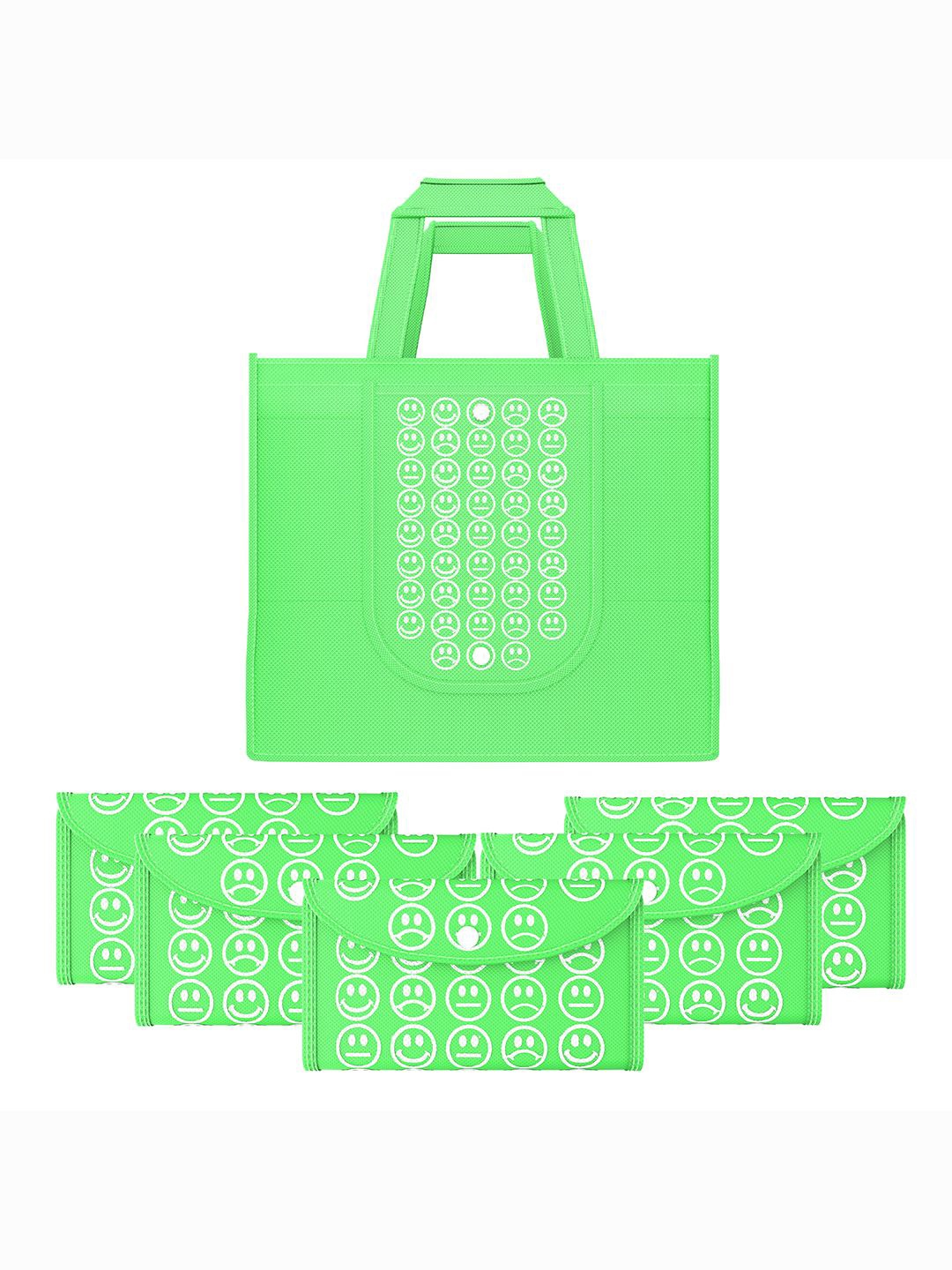 

Kuber Industries Set of 6 Smiley Printed Lightweight Foldable & Reusable Shopping Bags, Green