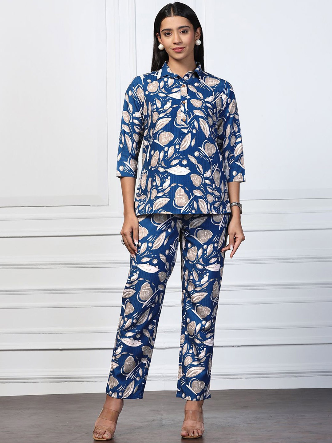 

FASHION DREAM Printed Shirt Collar Tunic With Trouser, Navy blue