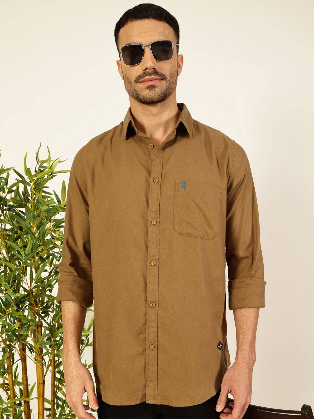 

Thomas Scott Men Premium Spread Collar Solid Cotton Slim Fit Casual Shirt, Khaki