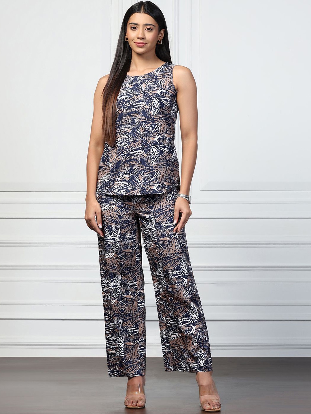 

FASHION DREAM Printed Sleeveless Top With Trouser, Navy blue