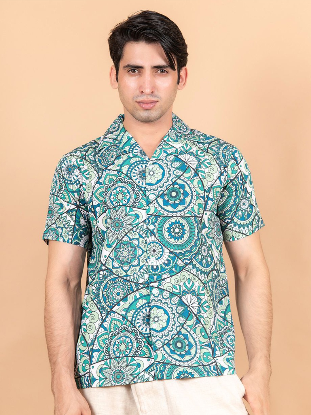 

Tistabene Men Standard Cuban Collar Ethnic Motifs Printed Cotton Casual Shirt, Green