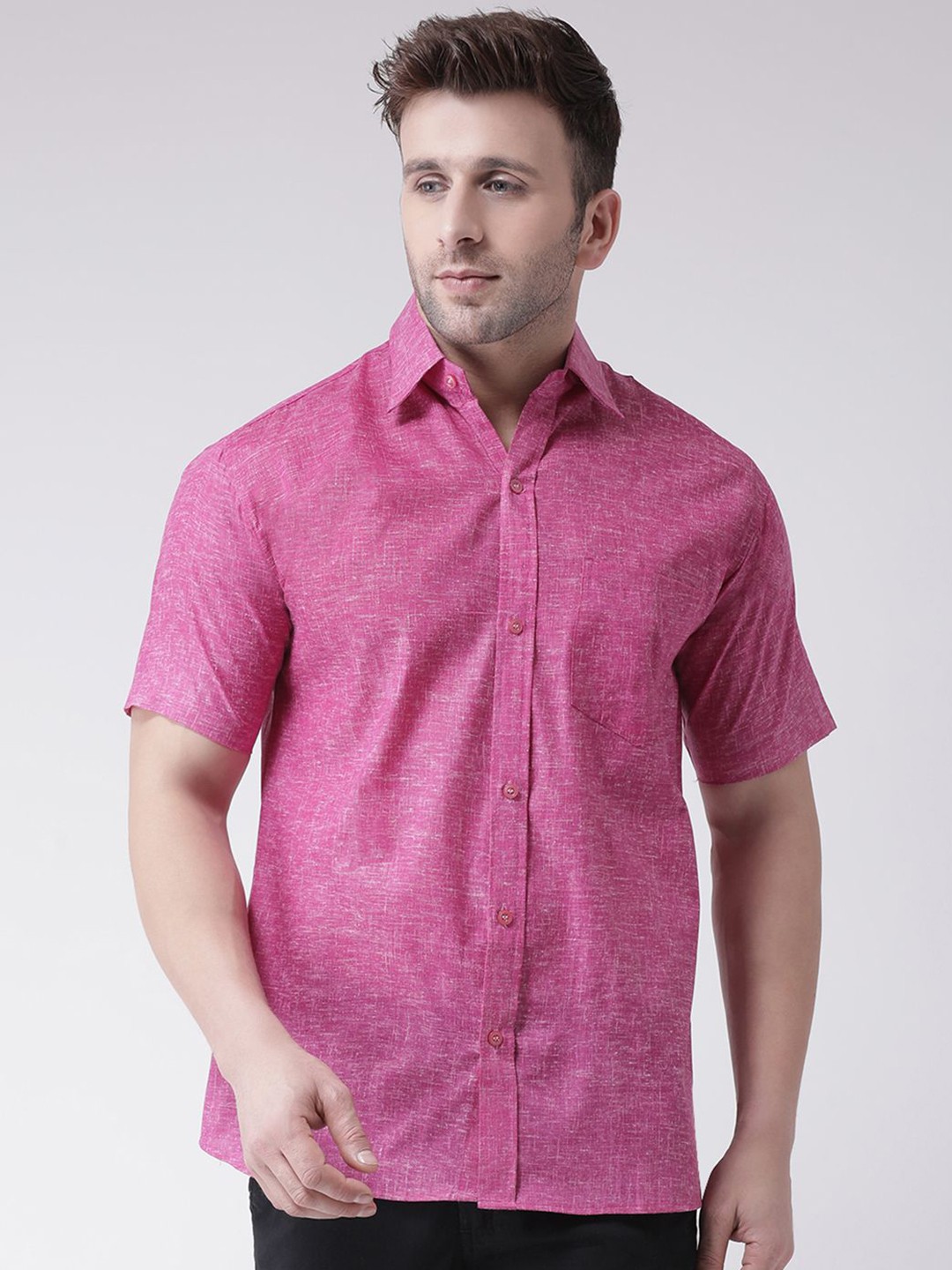 

KLOSET BY RIAG Men Classic Spread Collar Solid Cotton Linen Casual Shirt, Pink