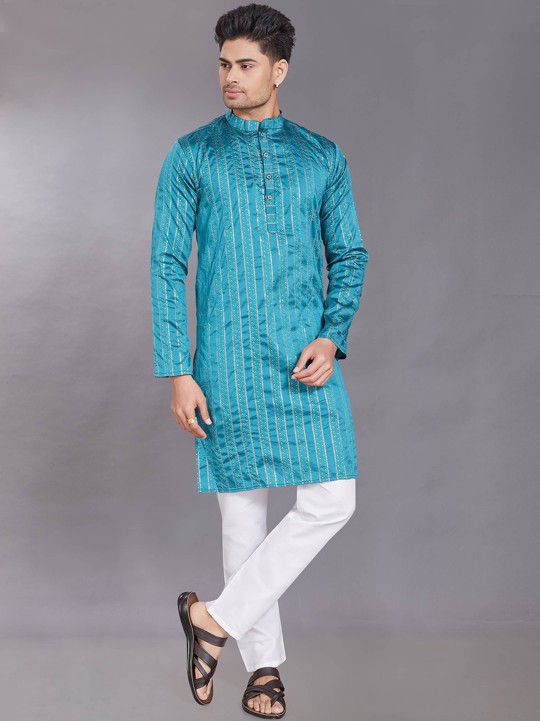 

DIVISIVE Striped Mandarin Collar Jacquard Straight Kurta, Blue