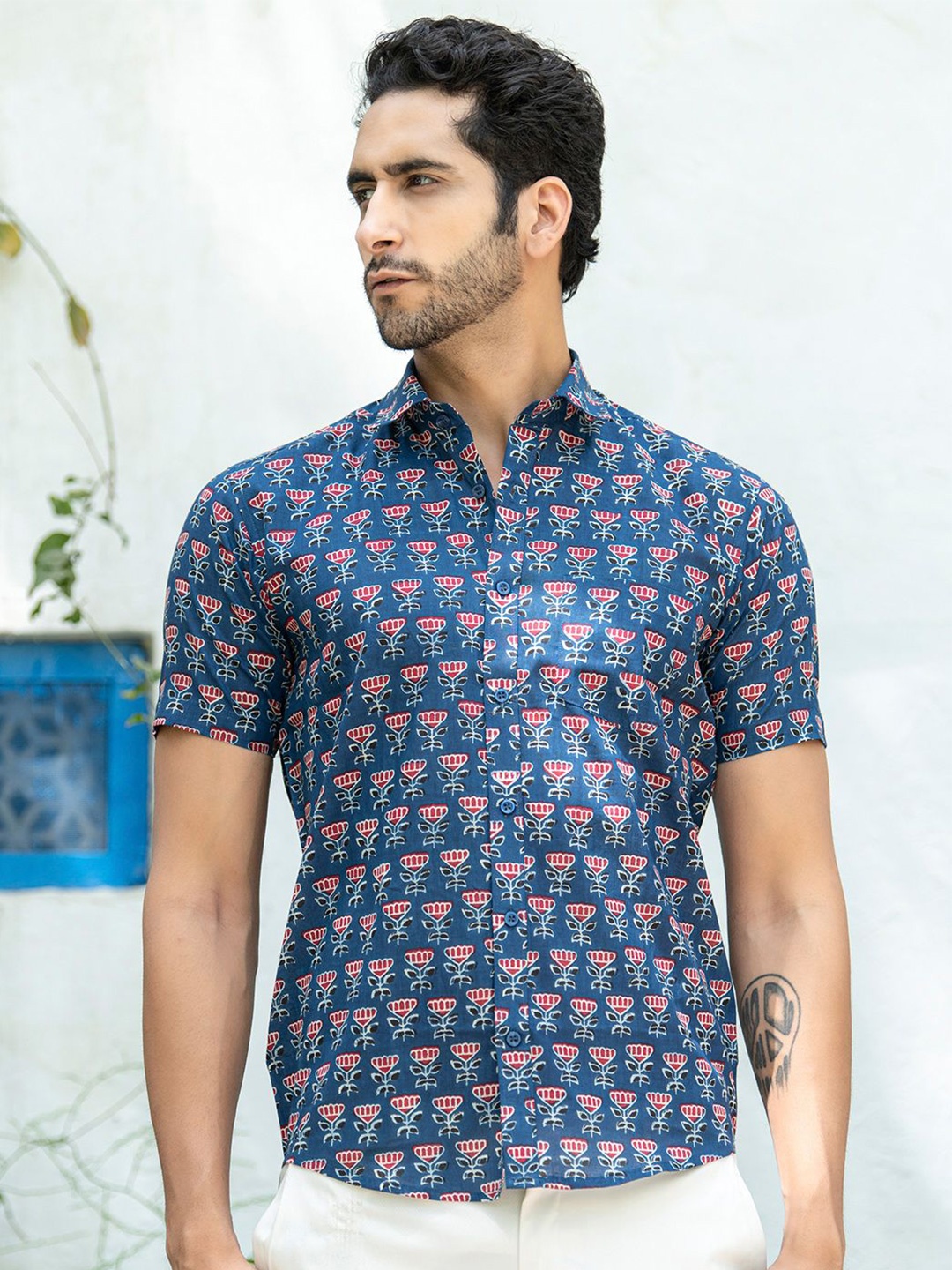 

Tistabene Men Standard Spread Collar Floral Printed Cotton Casual Shirt, Blue