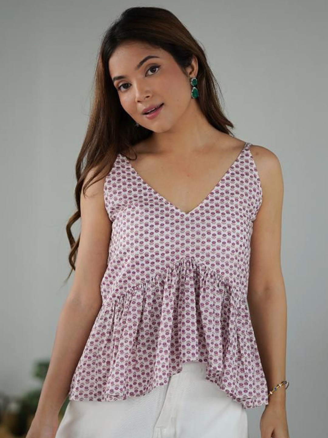 

Rangpur Geometric Print Block Print Cotton Peplum Crop Top, White