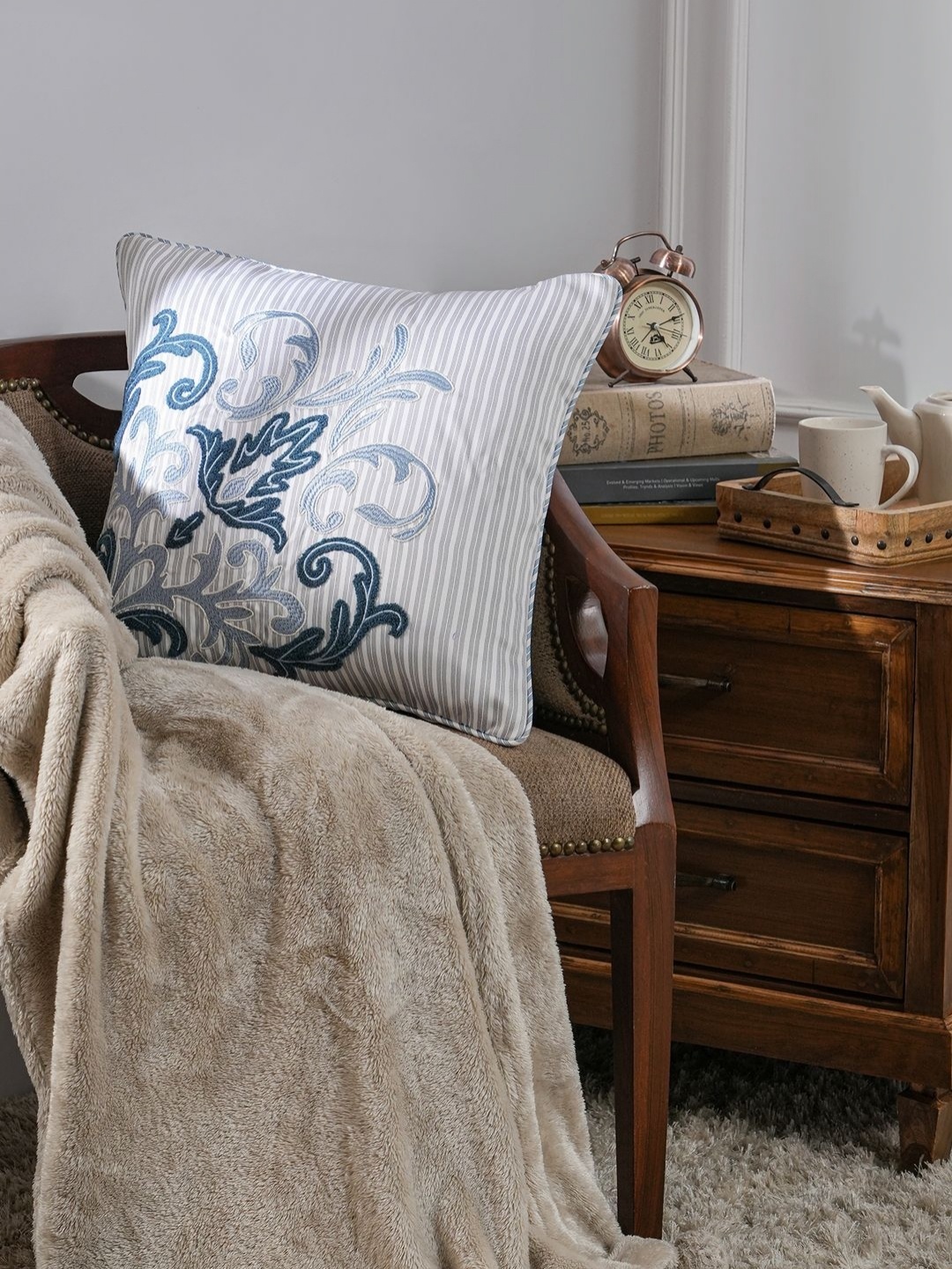 

MASPAR Acanthus Serenity White & Blue Floral Embroidered Square Cushion Covers