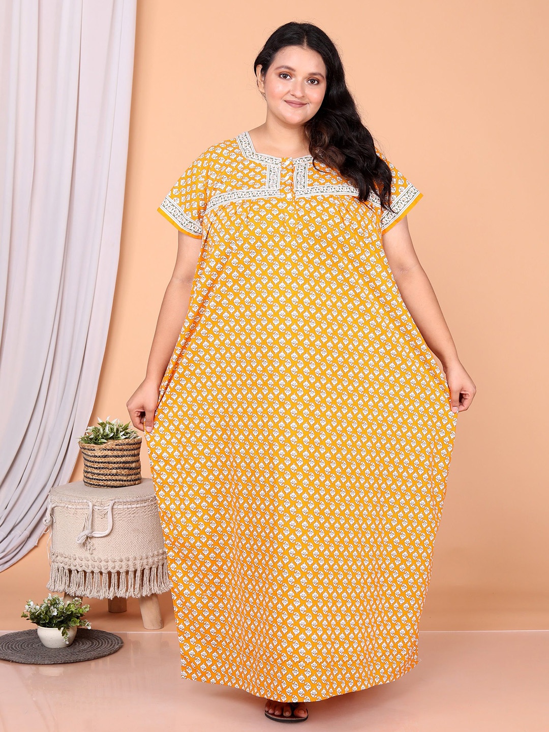 

JAIPZZ APPARELS Printed Maxi Nightdress, Yellow