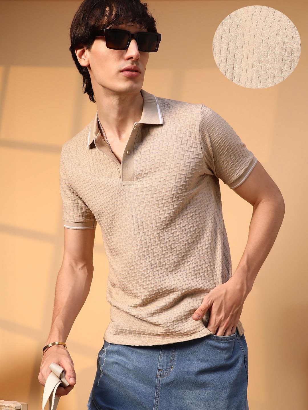 

Campus Sutra Men Self Design Polo Collar Cotton T-Shirt, Beige