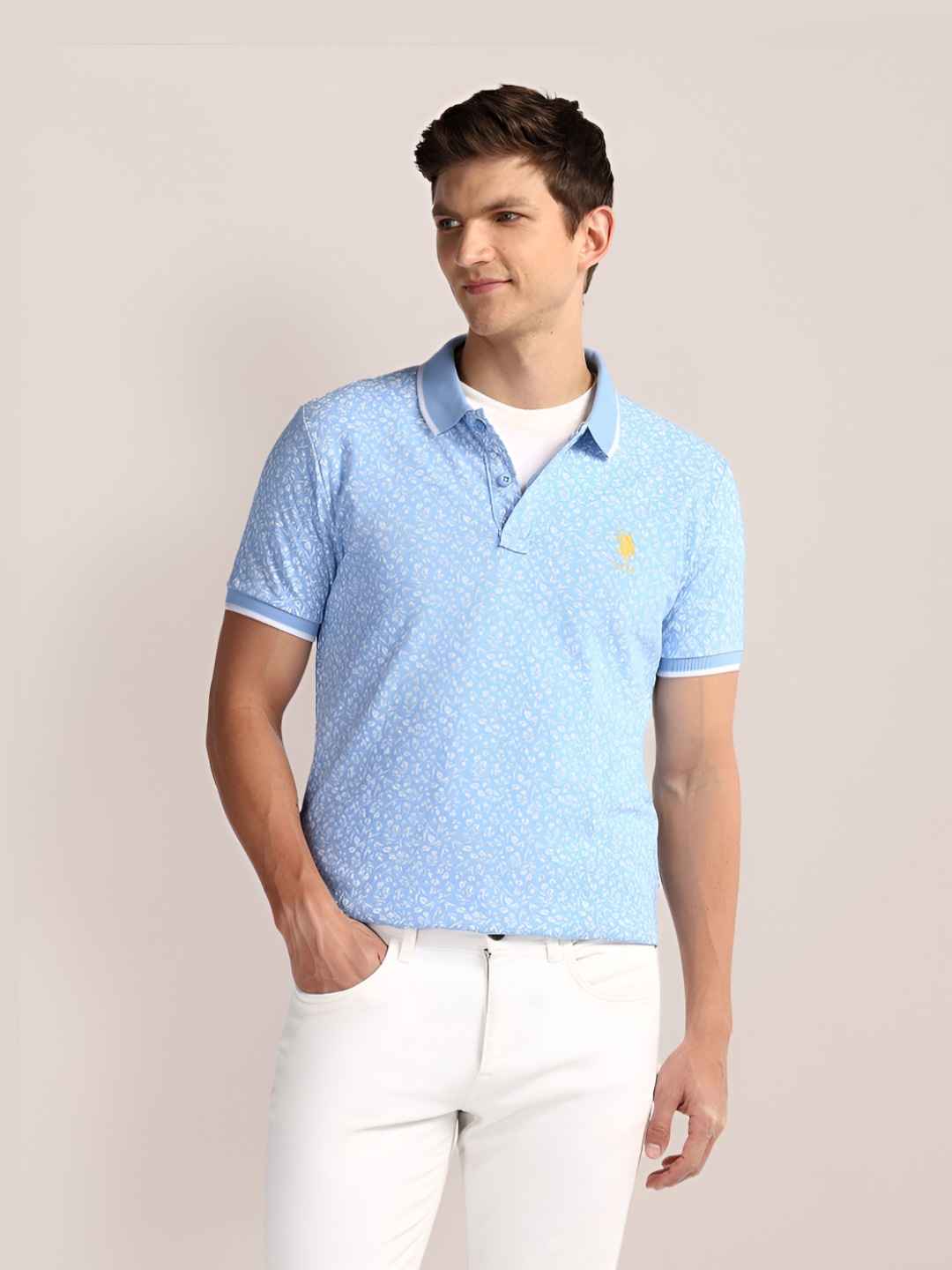 

U.S. Polo Assn. Men Floral Printed Polo Collar Cotton Slim Fit T-Shirt, Blue