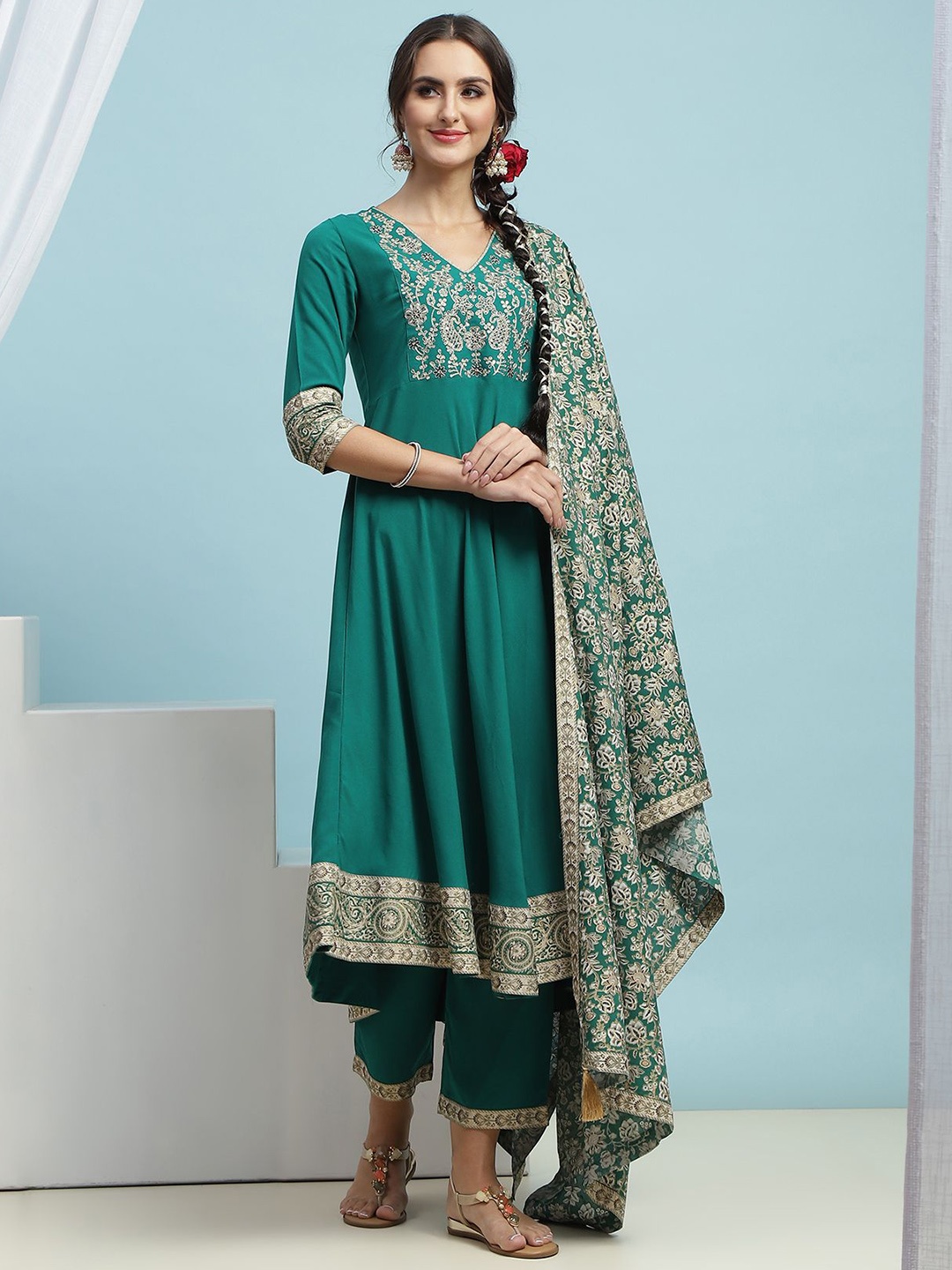 

Khushal K Floral Embroidered Thread Work Anarkali Regular Kurta with Palazzos & Dupatta, Green