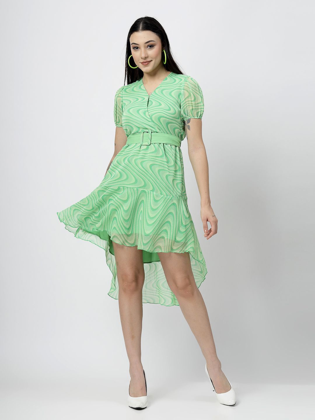 

COSMIC TRIO Printed Puff Sleeve Chiffon Belted Dress, Green