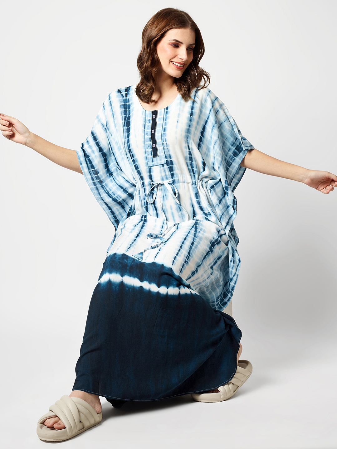 

Zeyo Tie And Dye Printed Maxi Kaftan Nightdress, Blue