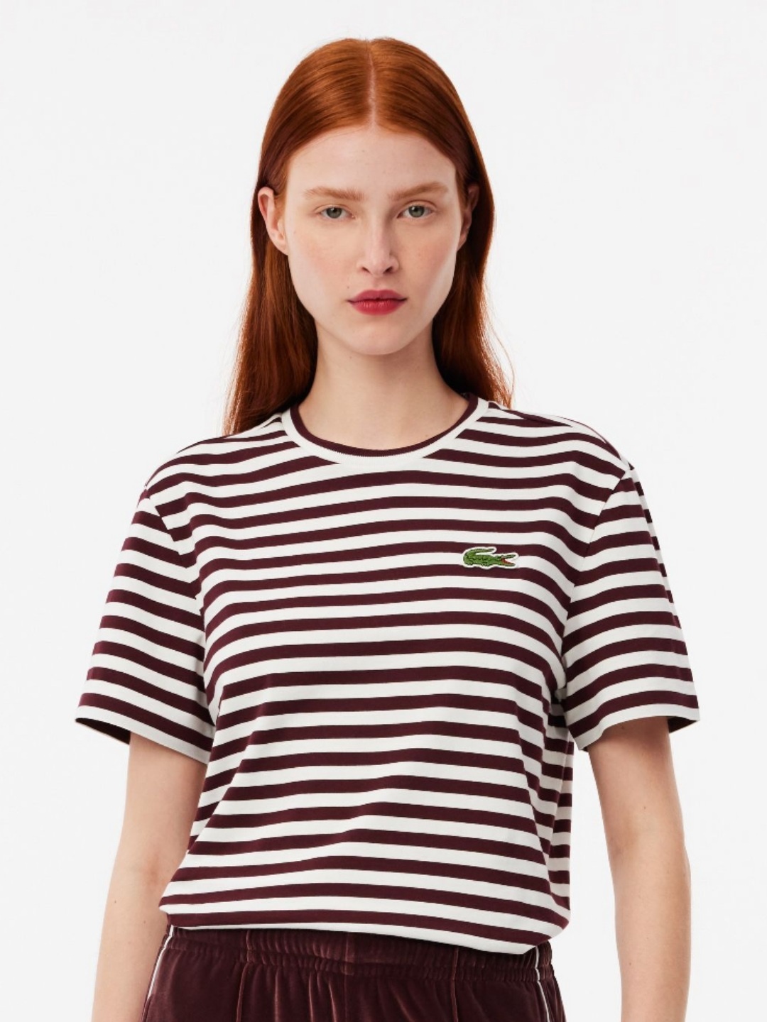 

Lacoste Women Striped Round Neck Cotton T-Shirt, Red