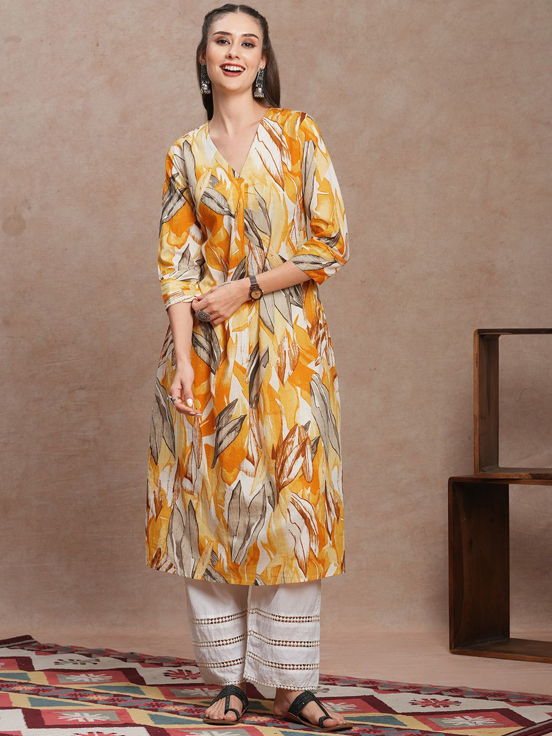 

FASHOR Abstract Printed Cotton A-Line Kurta, Yellow